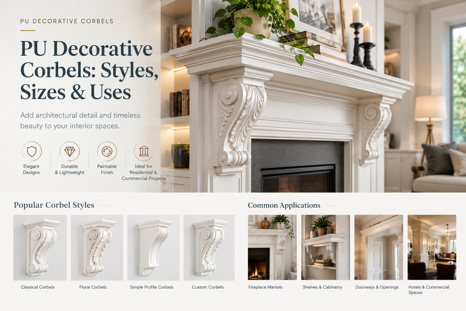 PU decorative corbels in classical and modern styles used for fireplace mantels, shelves, cabinetry, and doorways
